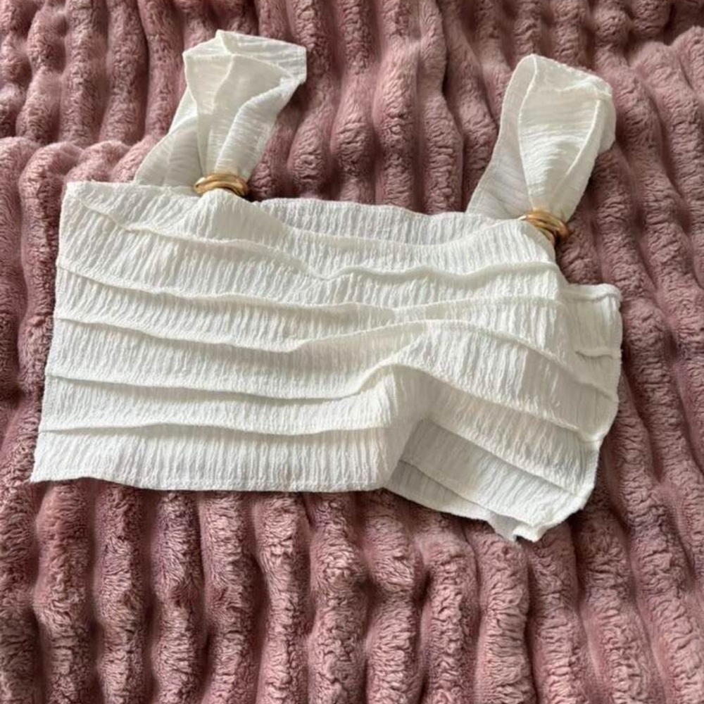 White Ruched Top with Gold Accents